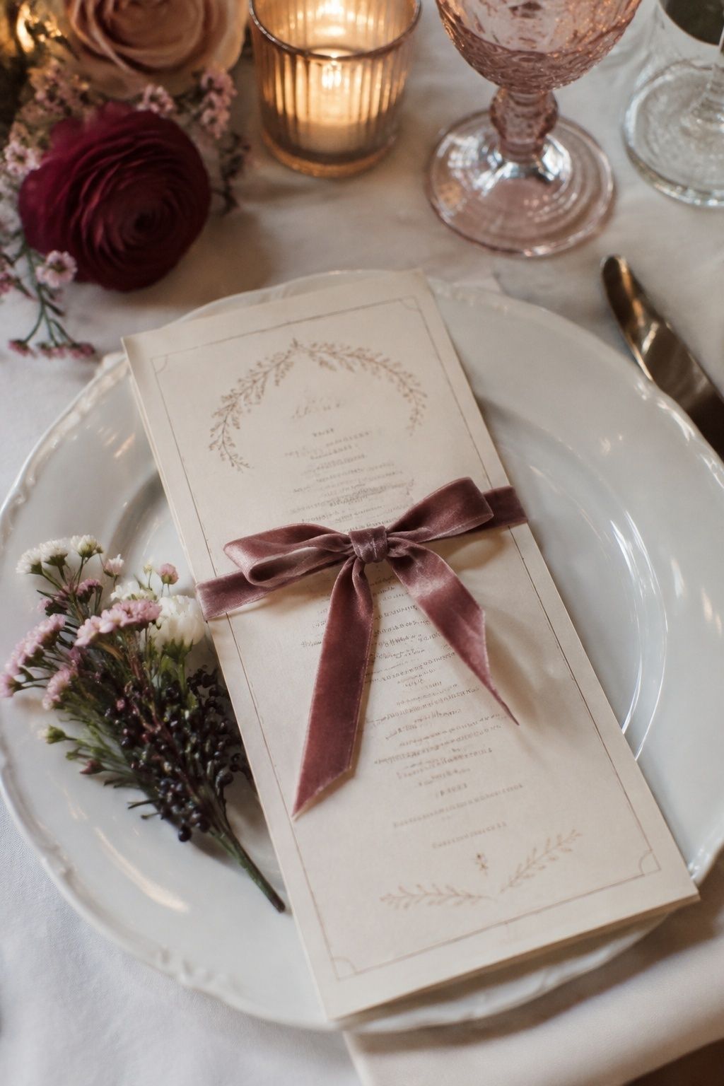 Menus tied with velvet ribbon