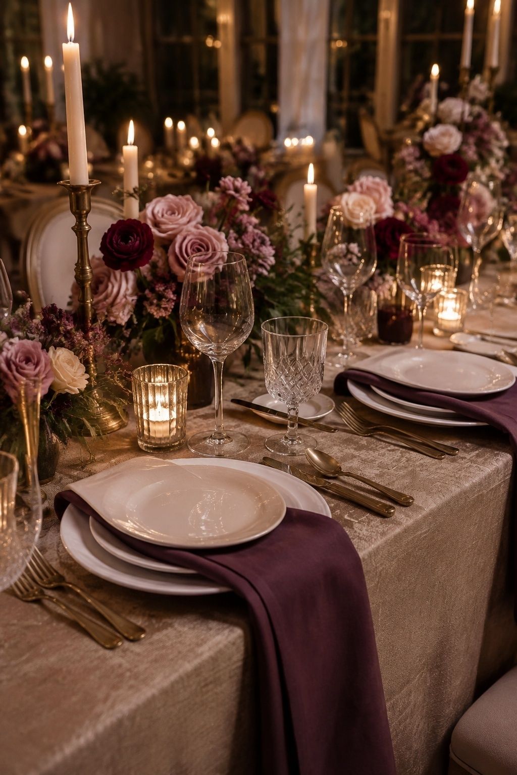 Plum and taupe place settings