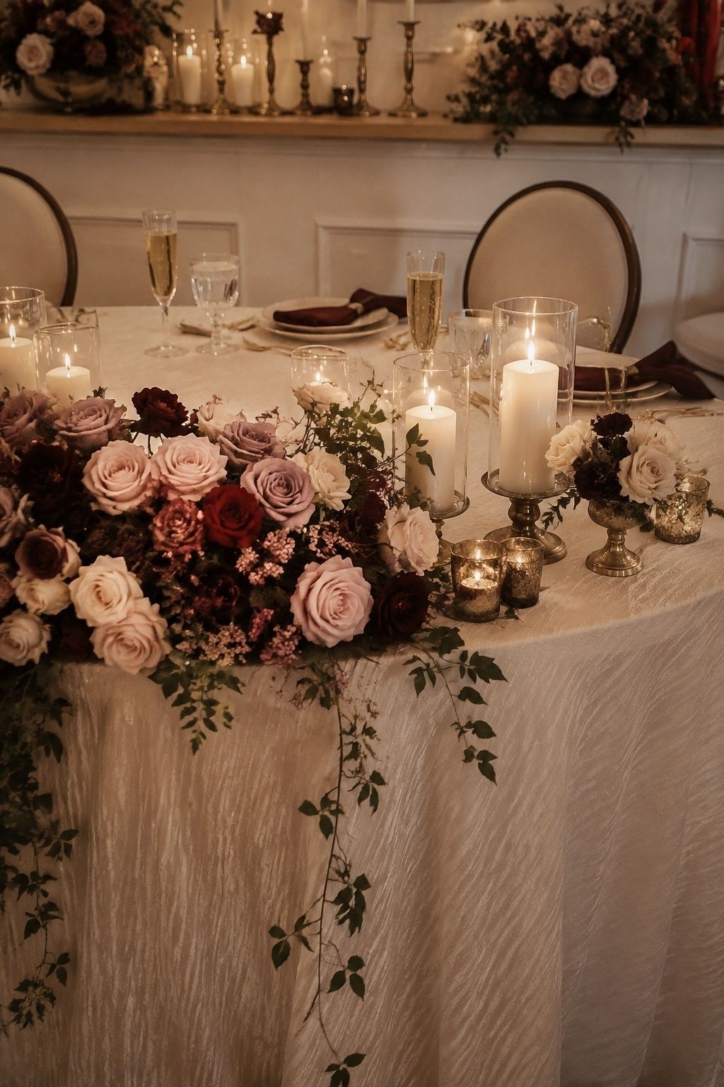 A few red roses used sparingly on the table