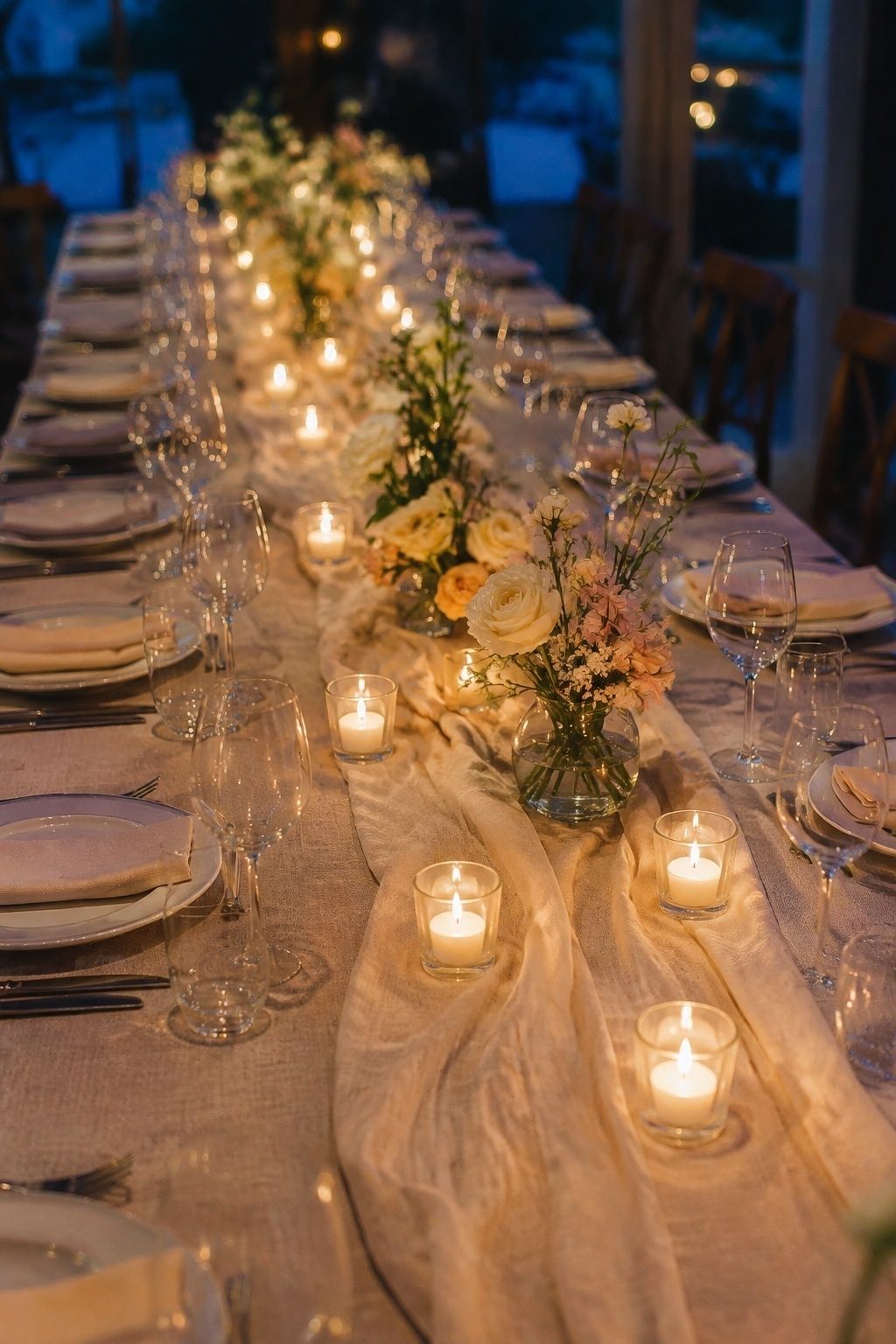 Linen runners scattered with votives