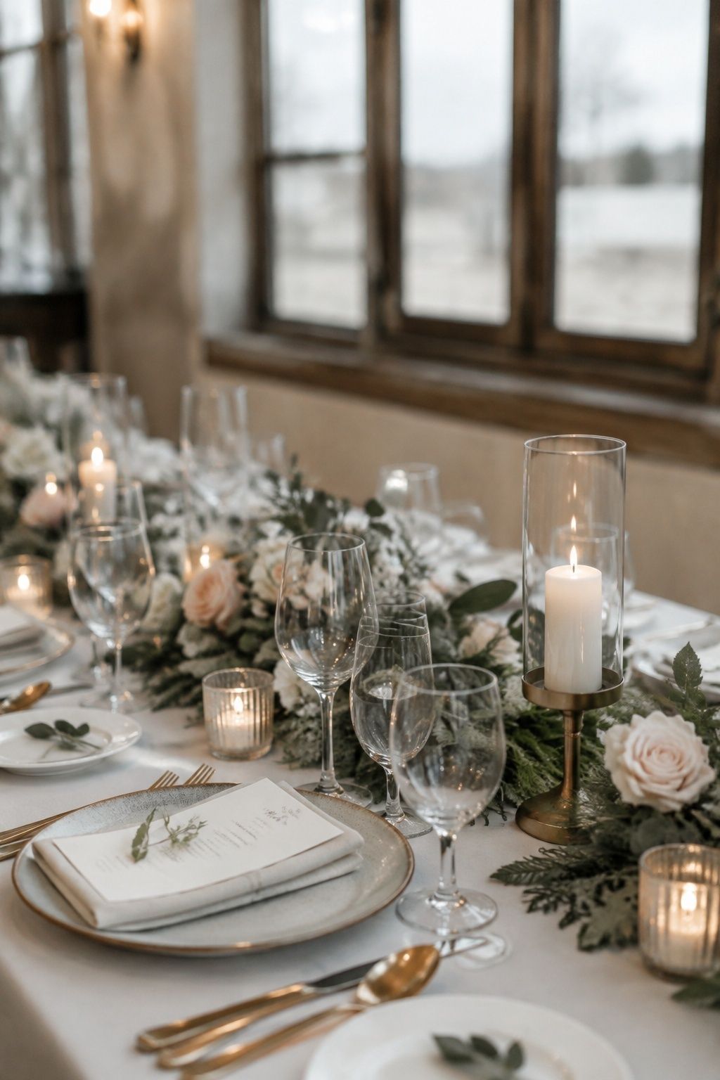 Winter greenery with rose accents
