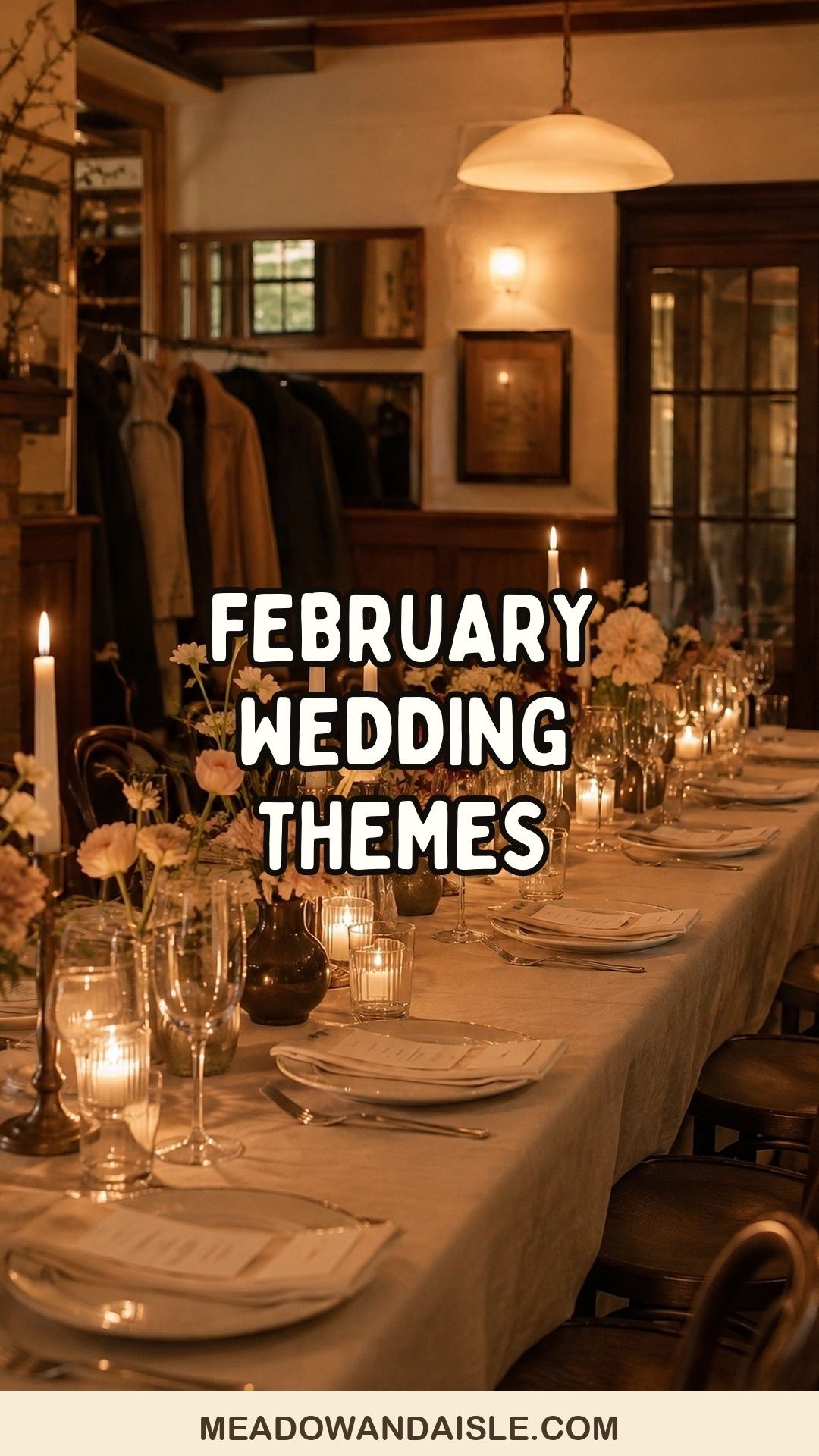 Pinterest pin for February wedding theme ideas with candlelit supper-club wedding photo background