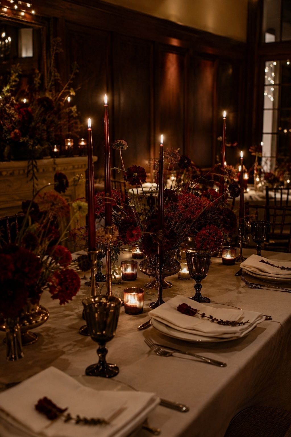 Moody red wedding theme with candlelight