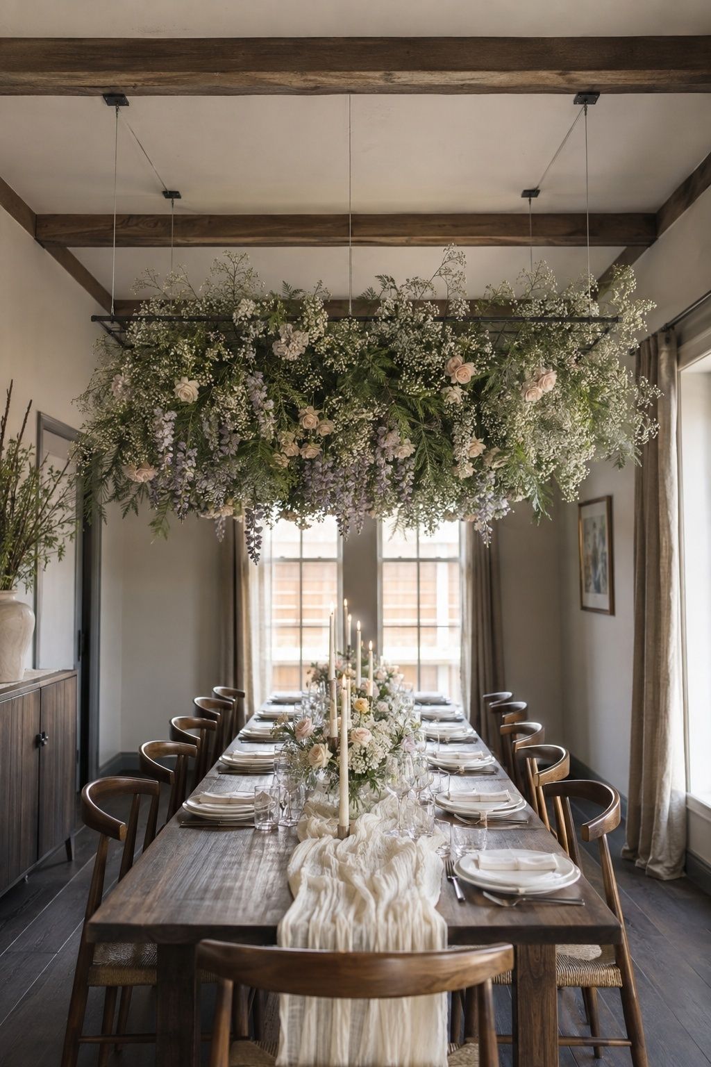Hanging flower cloud over an intimate reception table