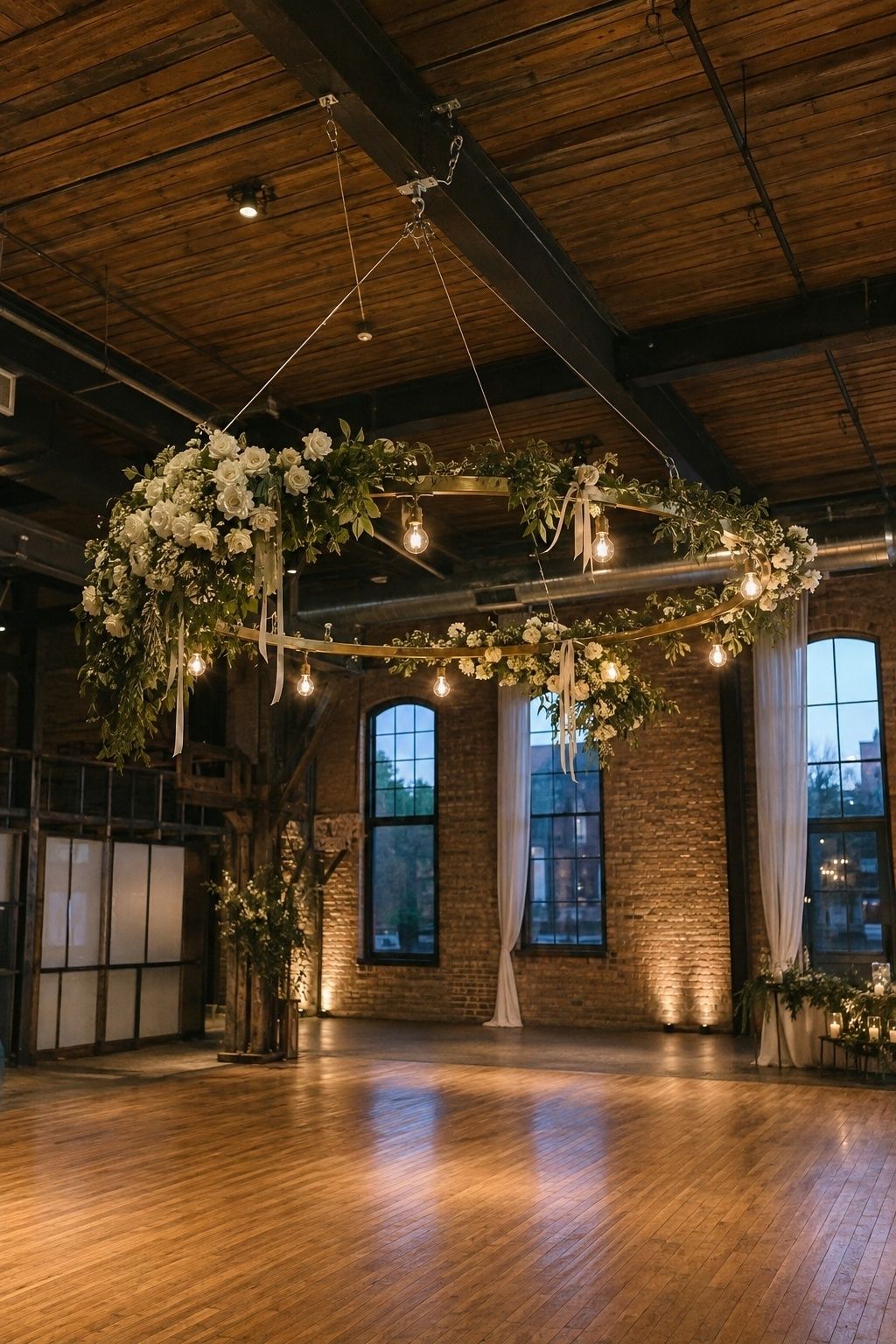 Floral chandelier suspended above the dance floor