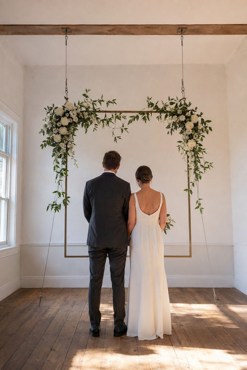 Hanging floral frame behind the couple