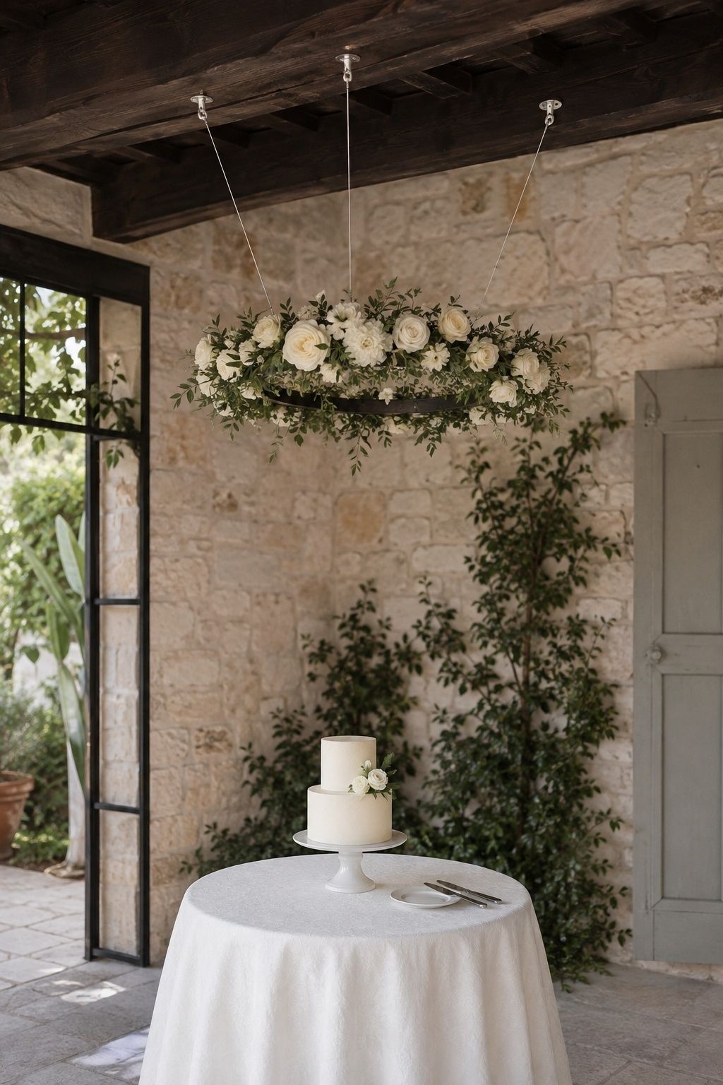 Suspended florals above a small cake table