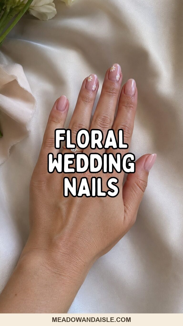 Floral wedding nails with tiny white flowers on sheer pink polish