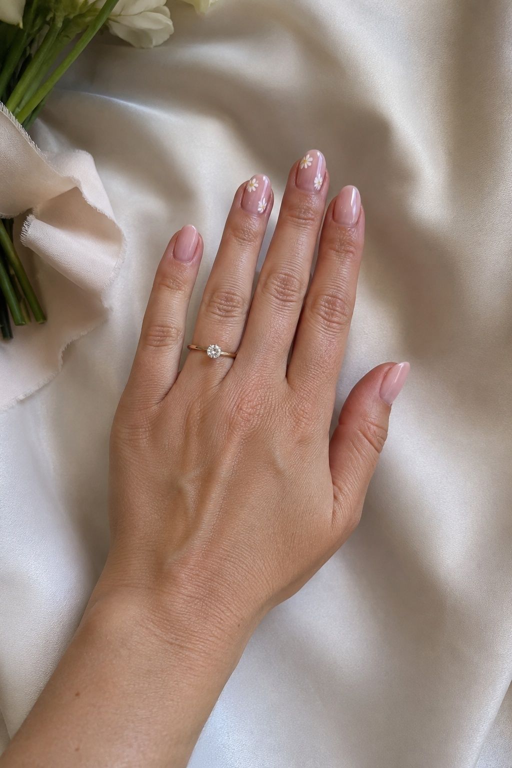 sheer Pink Nails With Tiny White Flowers in a delicate bridal manicure