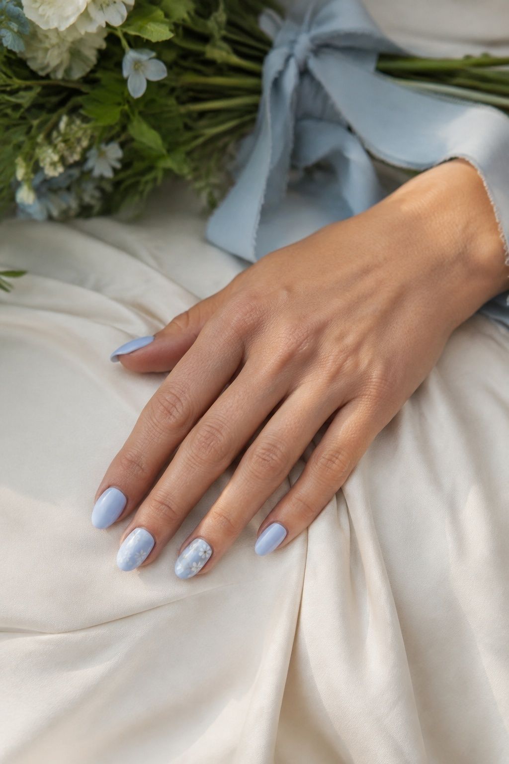 blue Floral Nails For A Something Blue Detail in a delicate bridal manicure