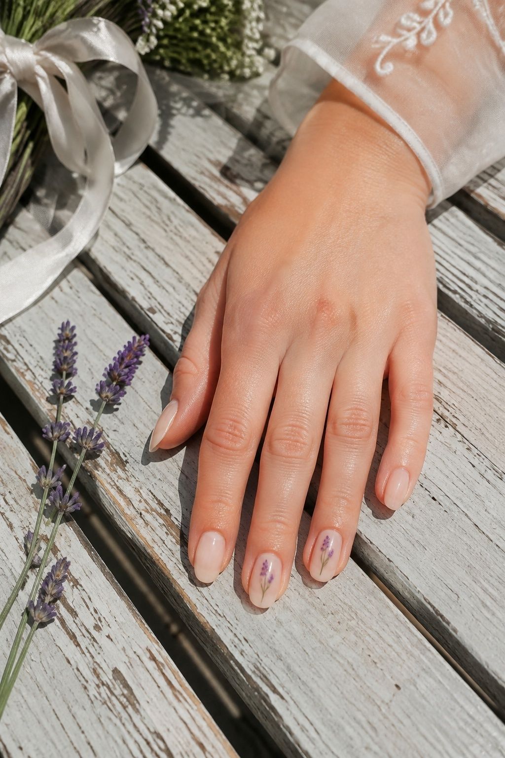 lavender Sprigs On Short Oval Nails in a delicate bridal manicure