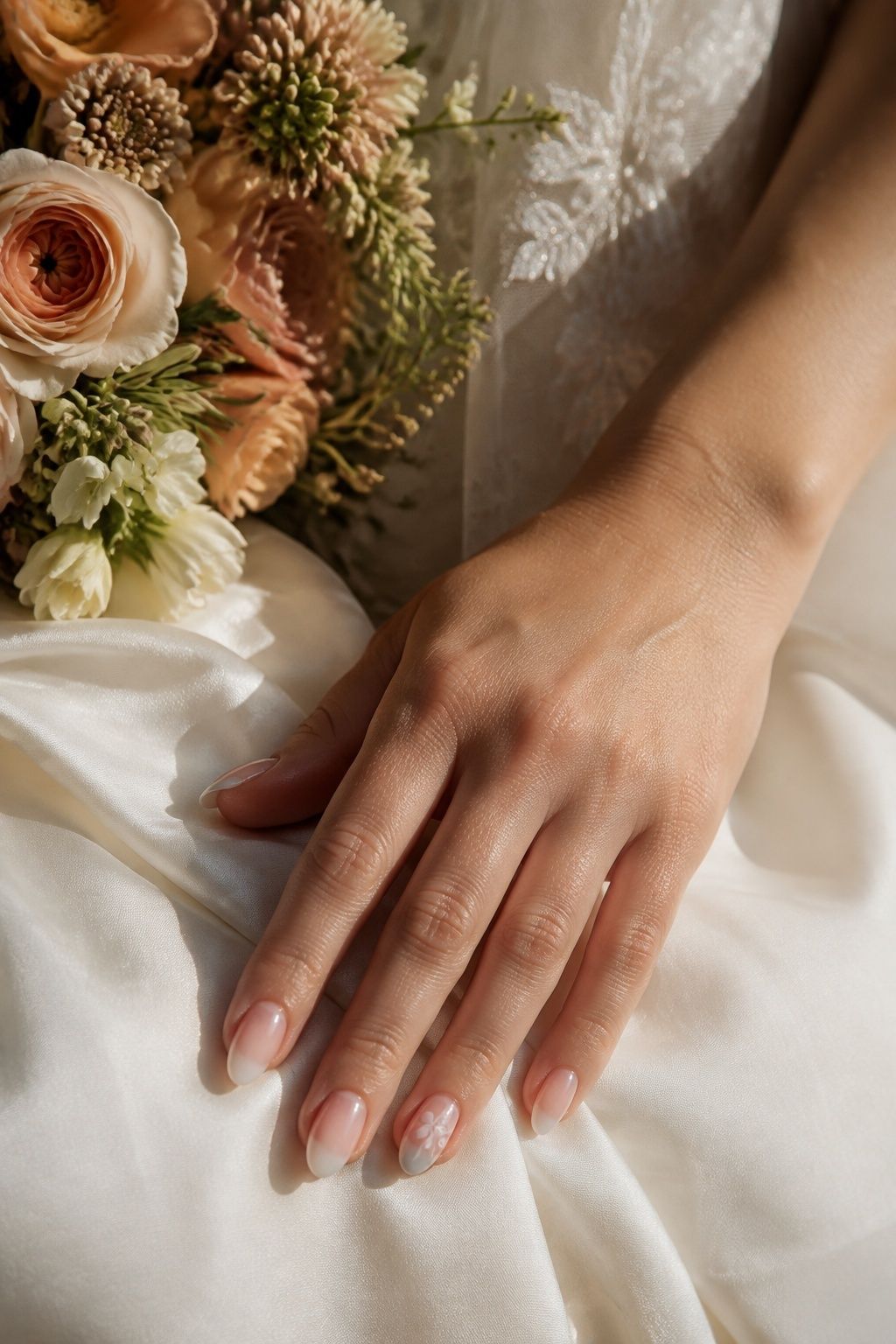 ombre Blush Nails With Floral Accent Art in a delicate bridal manicure