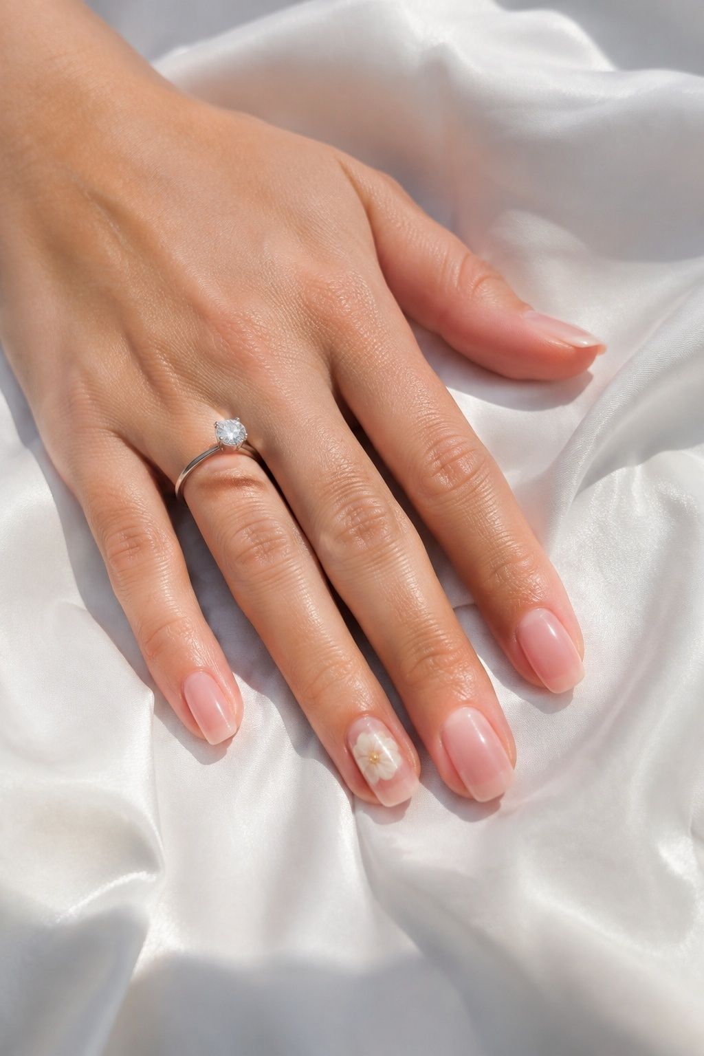 single Bloom Ring Finger Nails in a delicate bridal manicure