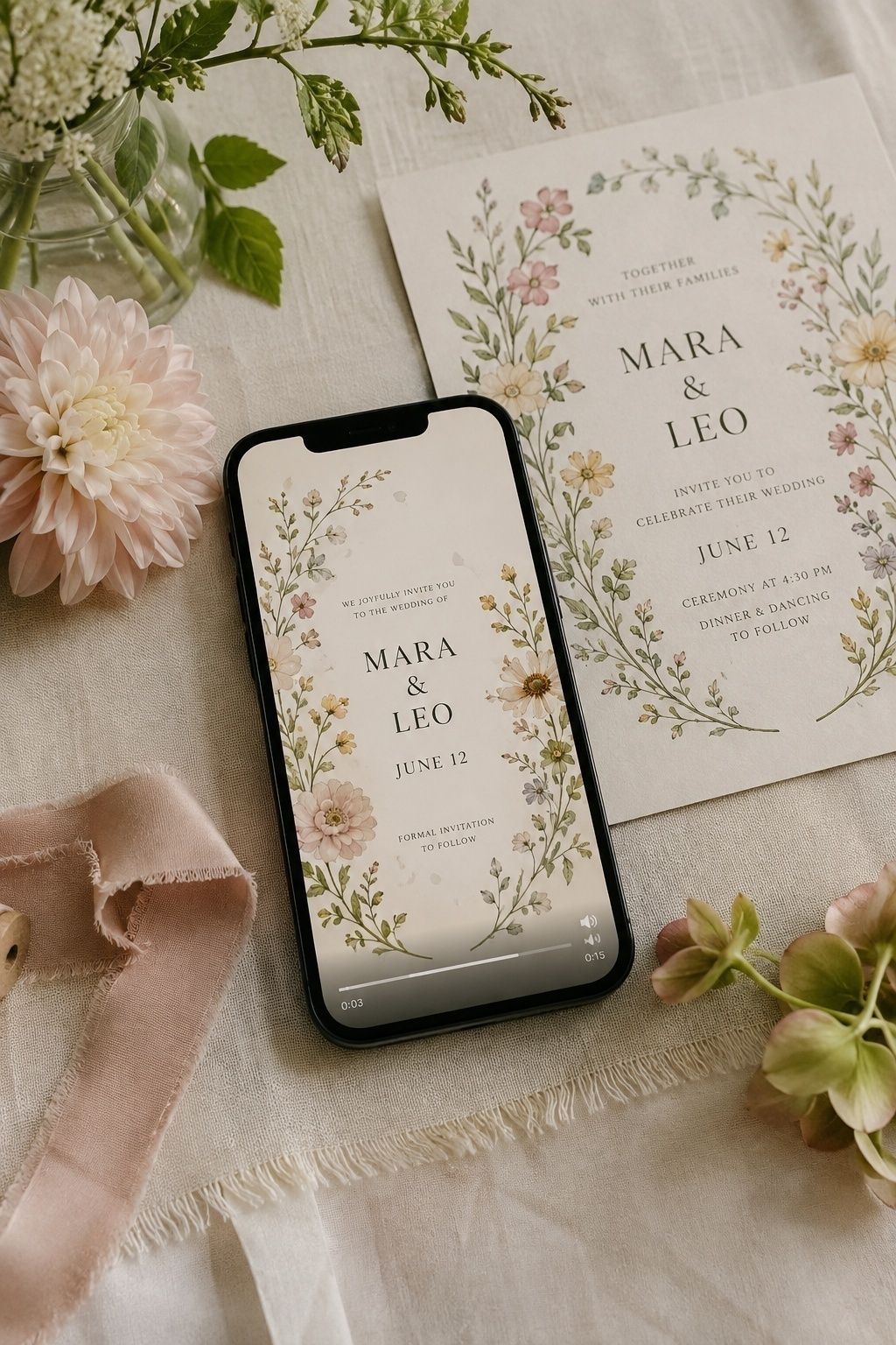 Animated floral invitation video on a phone beside printed wedding stationery