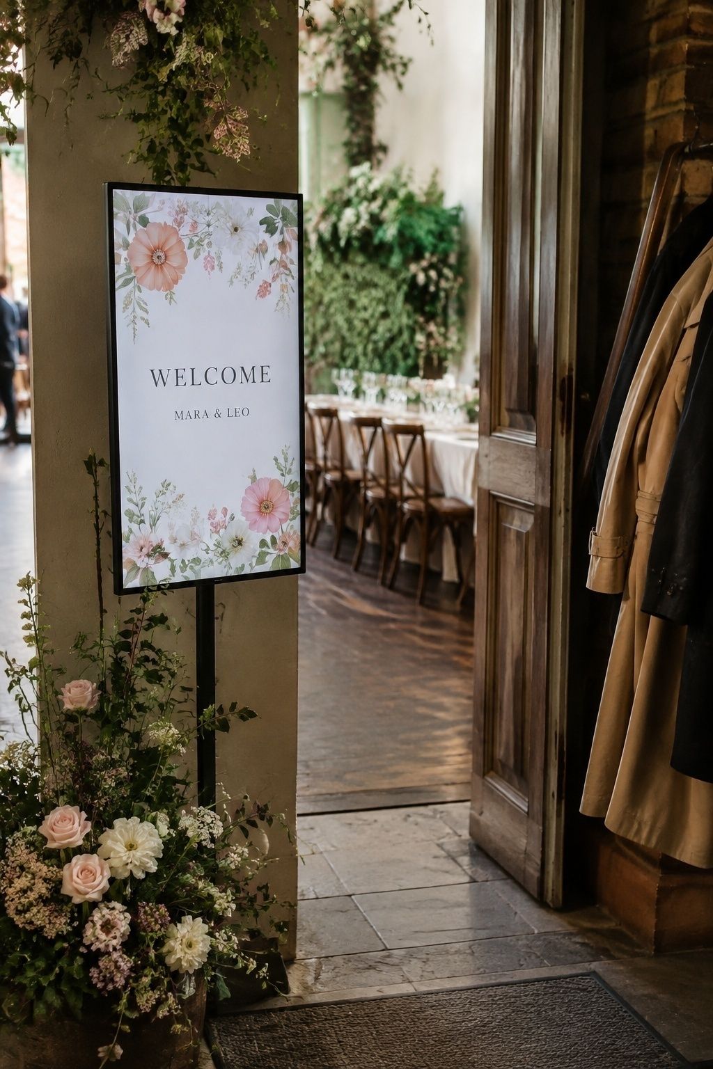 Welcome screen with moving flowers at an intimate wedding entrance