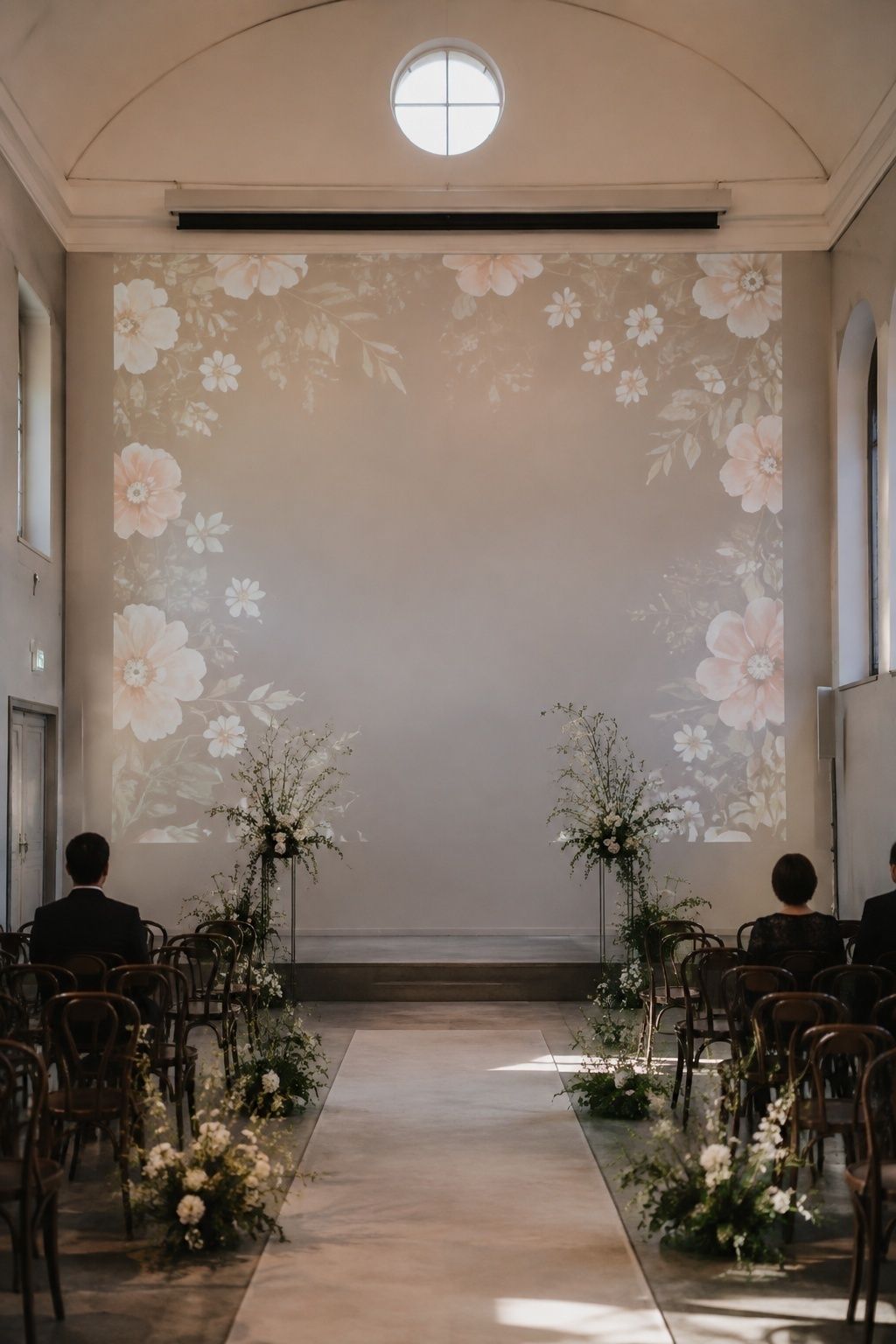 Ceremony screen behind vows with a soft floral projection