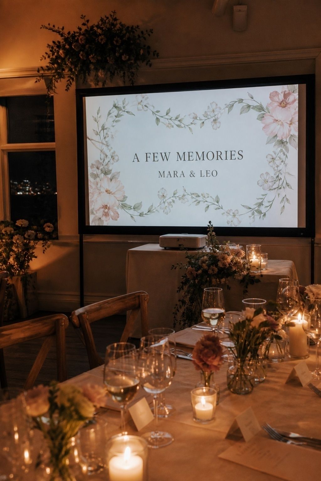Floral motion slideshow opener in a candlelit wedding dinner room