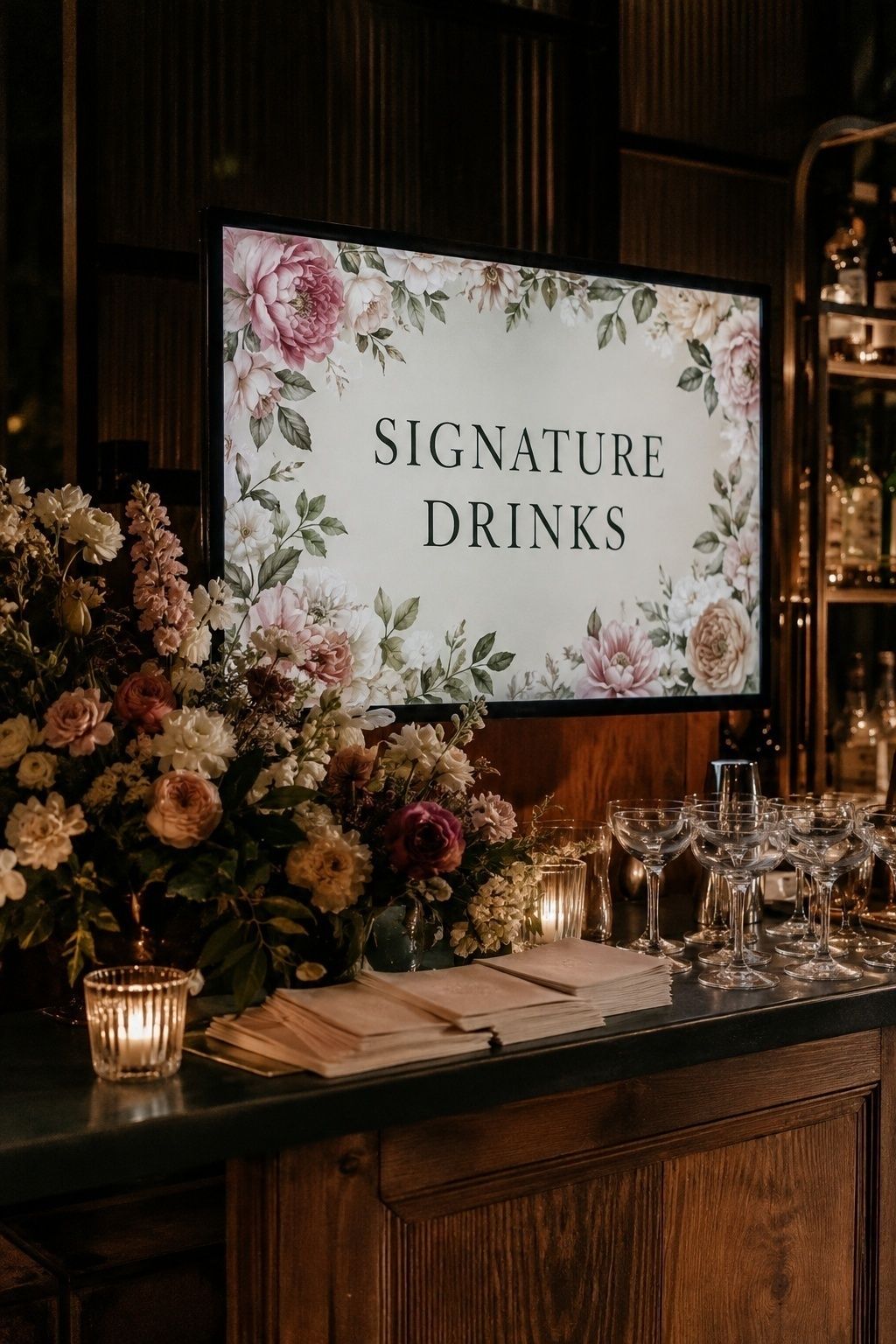 Reception bar screen with a floral signature drinks loop