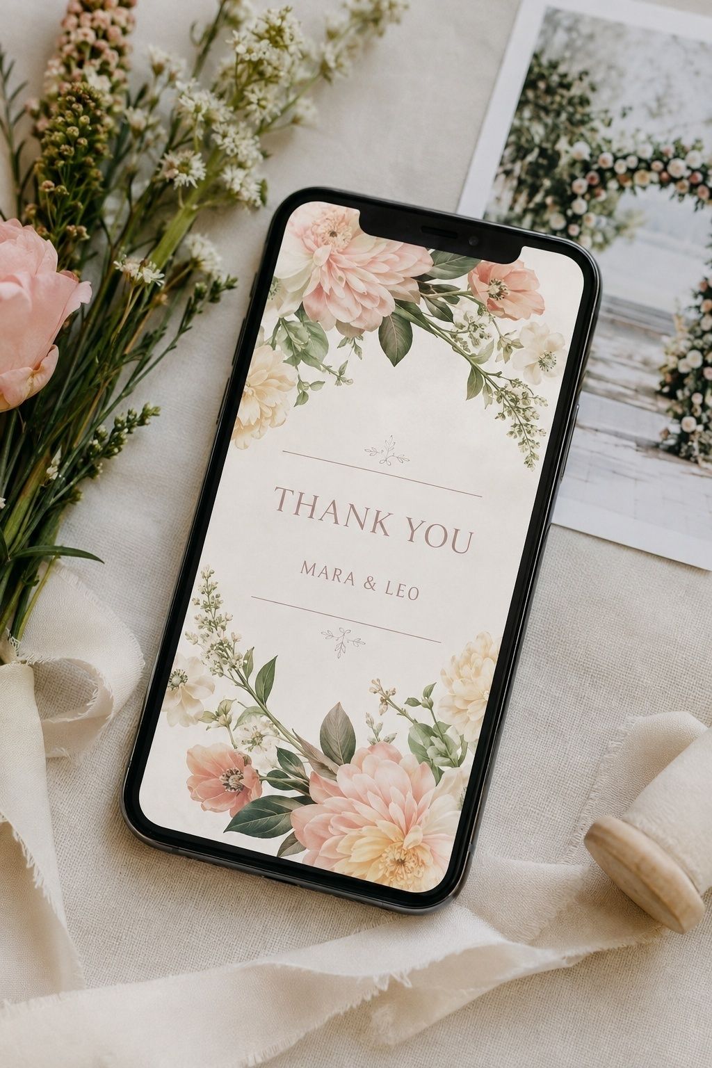 Animated floral social reel preview on a wedding planning desk