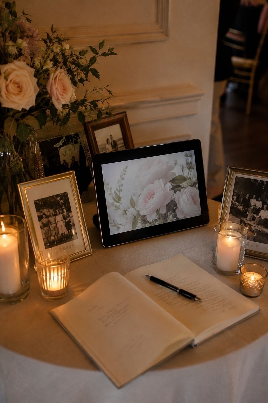 Memory table video with gentle florals, framed photos, and candles