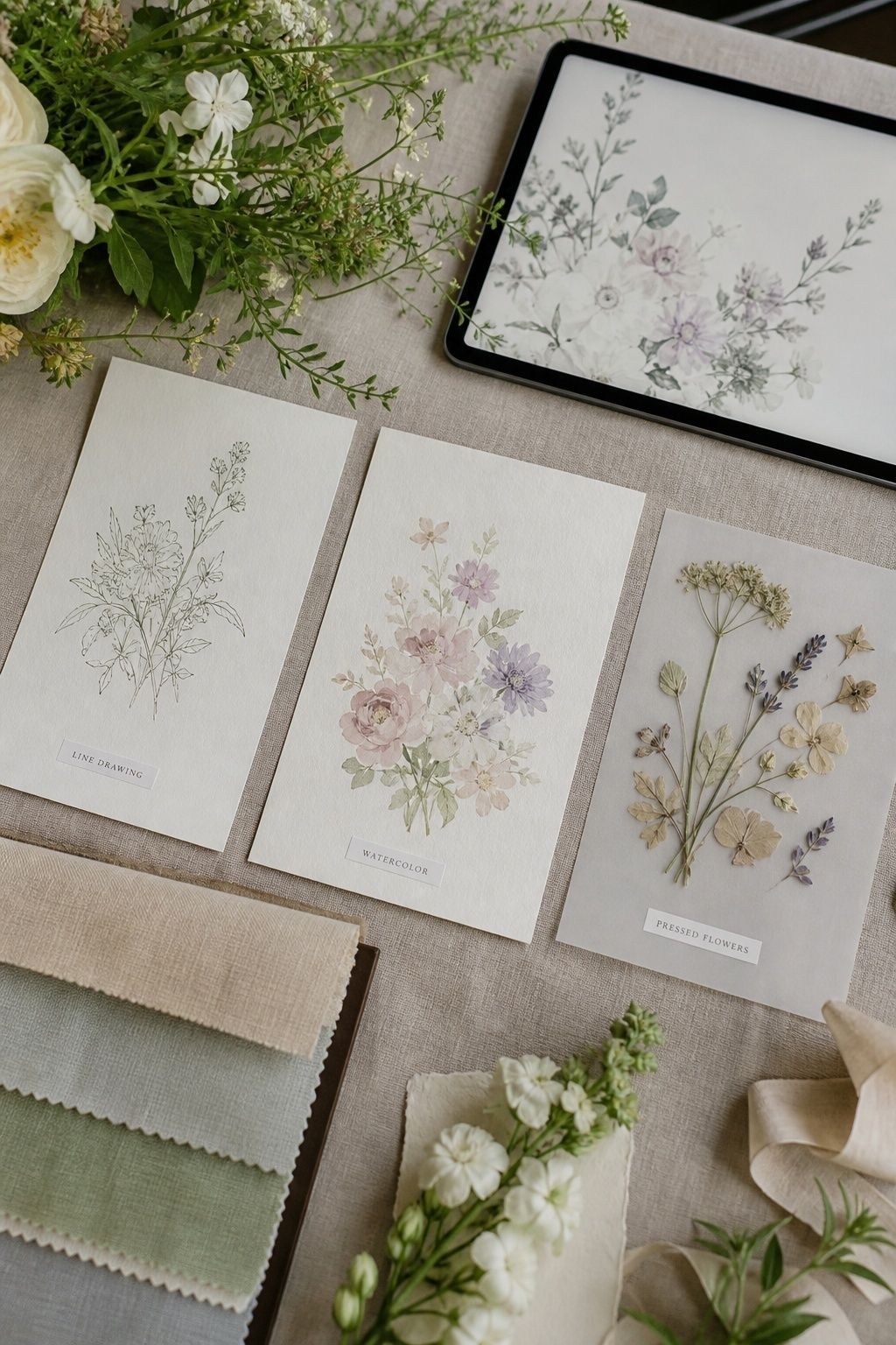 Floral animation style ideas shown as line drawing, watercolor, and pressed flower samples