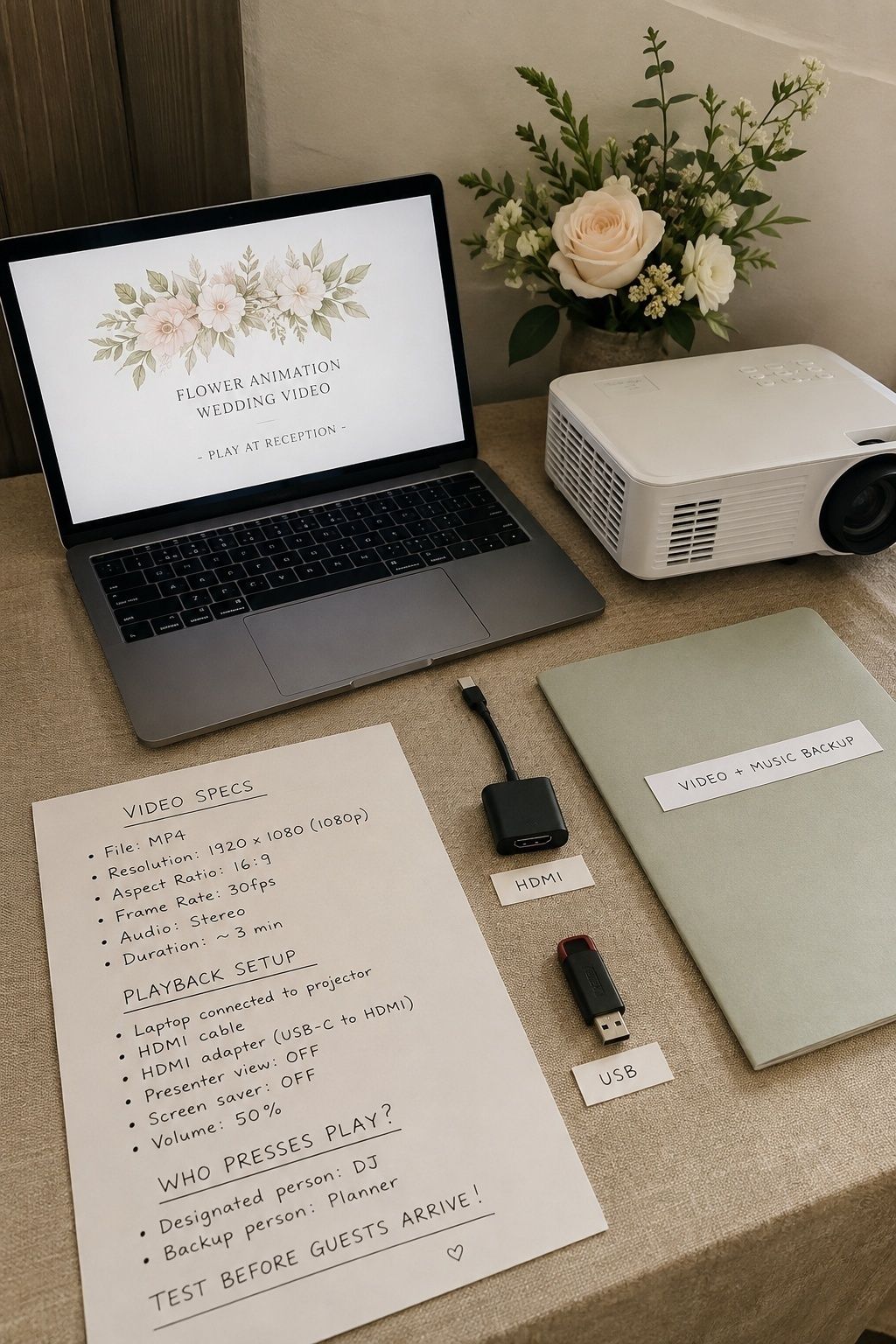 Technical specs checklist for a wedding floral animation video setup