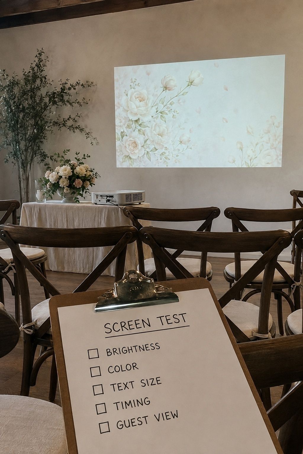 Wedding venue screen test for brightness, color, text size, and loop timing