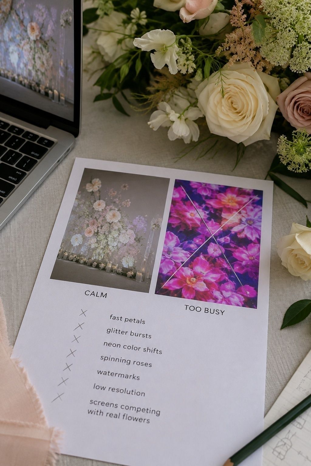 What to avoid with flower animation wedding videos shown on a calm versus too busy proof sheet