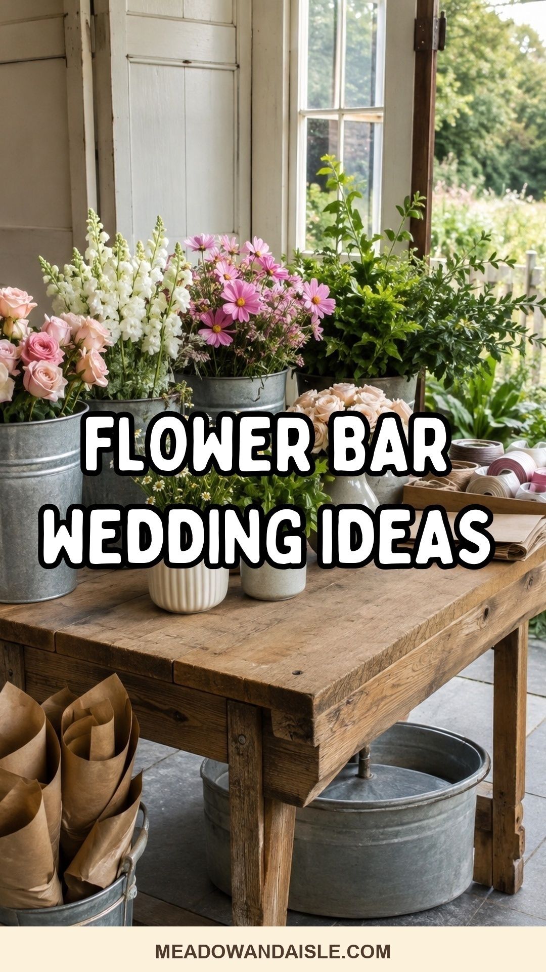 Pinterest pin with the title Flower Bar Wedding Ideas