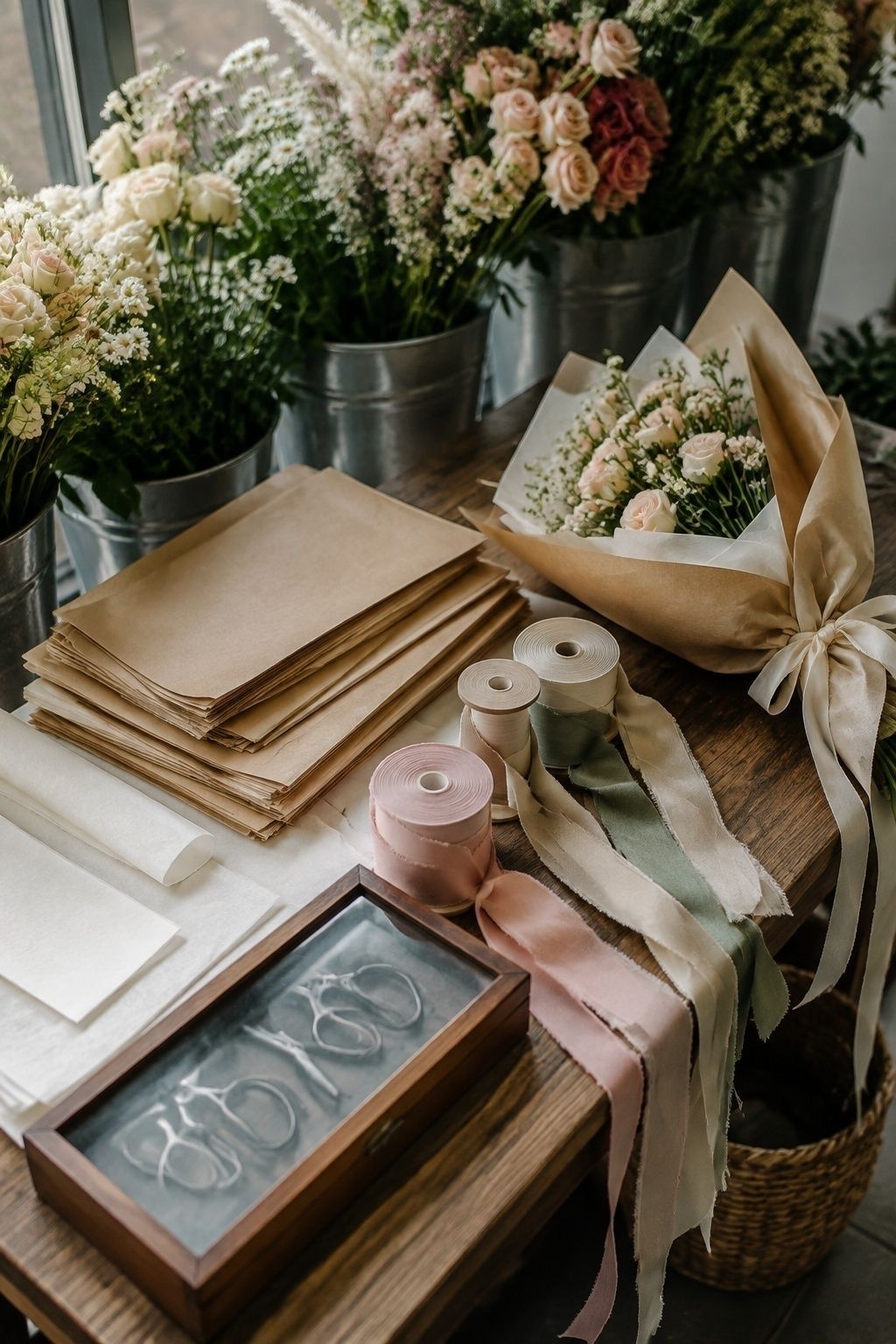 Ribbon and wrapping station at a flower bar