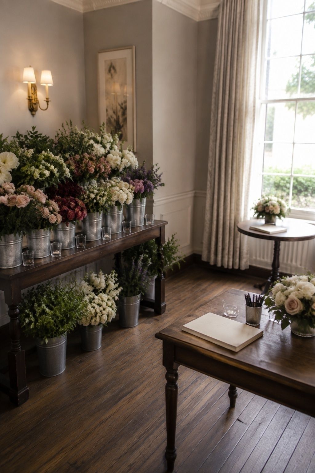 Flower bar beside the welcome and guest book table