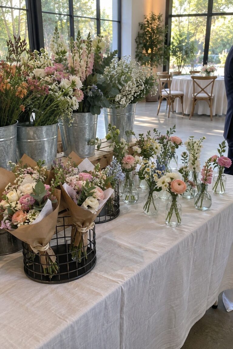 Wedding flower bar with mini bouquets and clear bud vases for guests