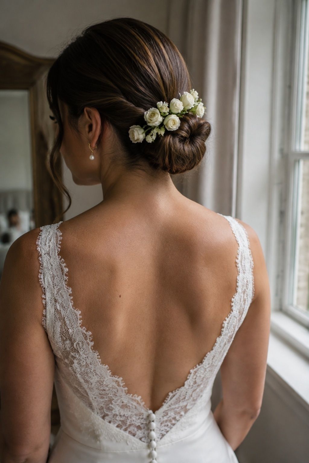 Bride with petite white roses beneath a low nape bun above an open-back lace wedding dress
