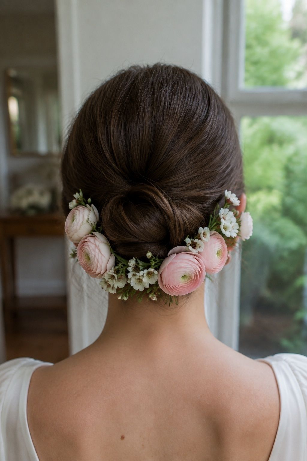 Broken crescent of blush ranunculus and white waxflower arranged beneath a smooth bridal chignon