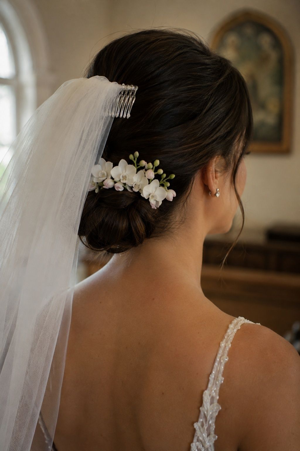Separate veil comb above a low bridal bun with a miniature orchid floral comb anchored below