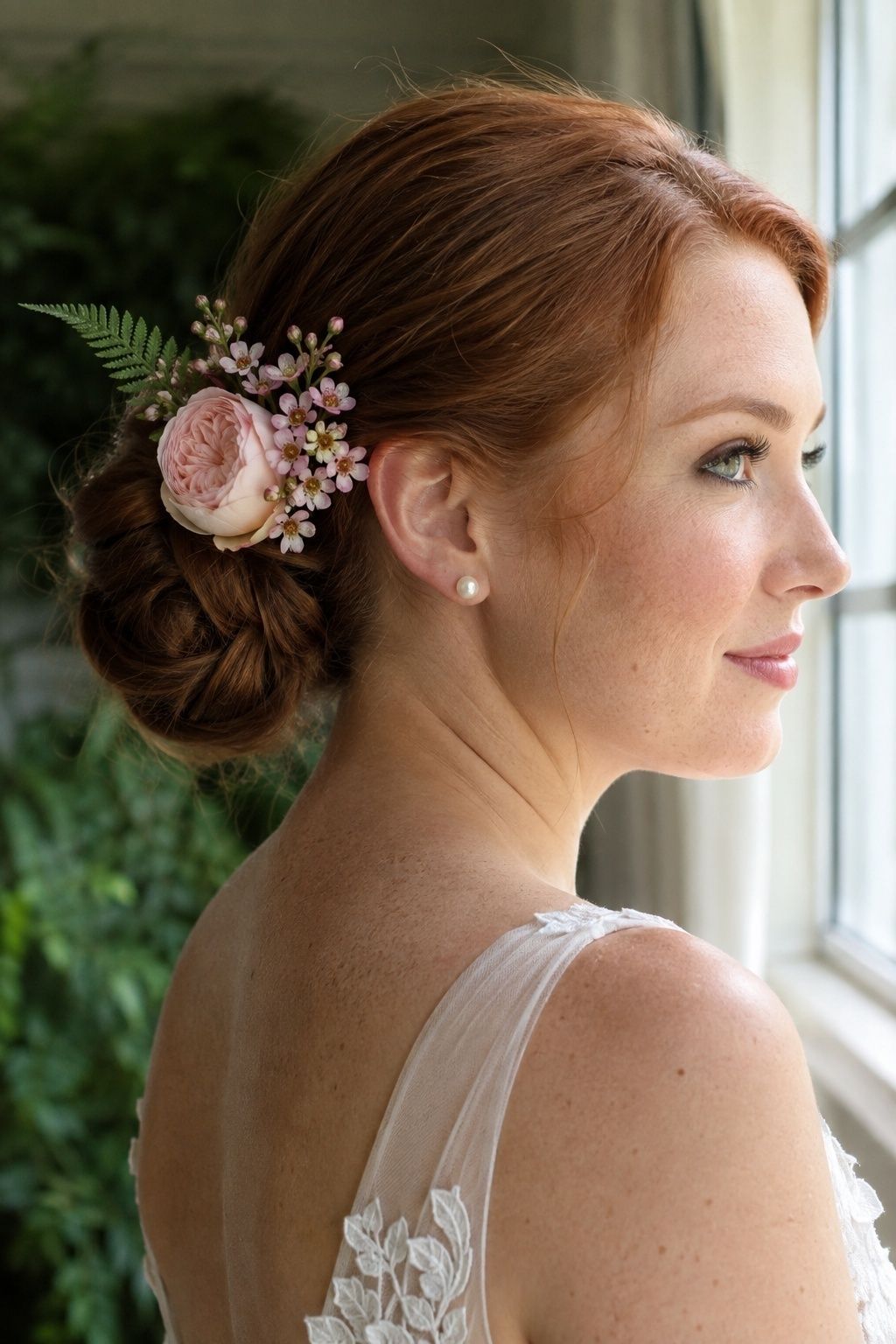 Asymmetrical blush flower cluster on the camera-facing side of an auburn bridal nape bun