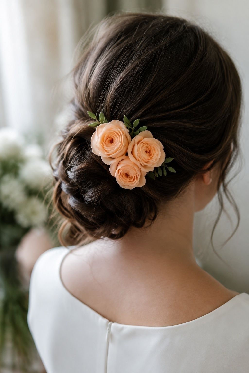 Apricot roses on a bridal low bun with a restrained olive-leaf base tucked close beneath the petals