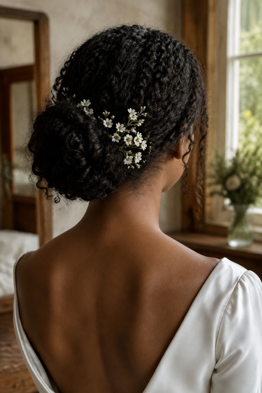 Small white waxflower blossoms nestled along the curl pattern of a natural textured bridal bun