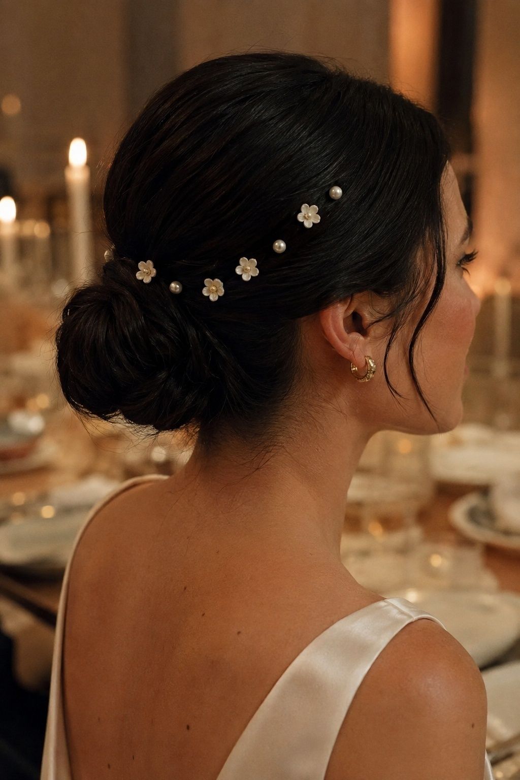 Tiny ivory flower pins alternating with pearl pins along one curve of a sleek black bridal chignon