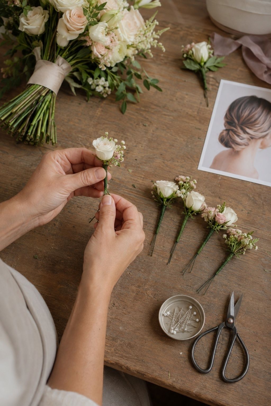 Florist hands wrapping petite white hair flowers onto short wire beside finished stems and hair pins