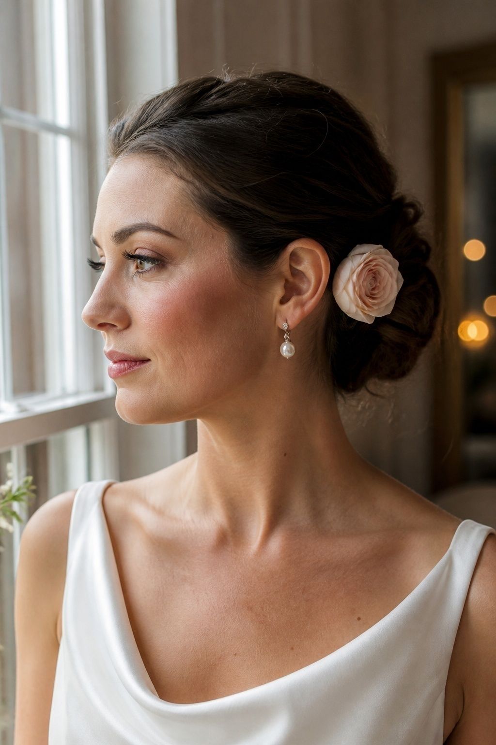 Pale blush rose tucked behind the camera-facing ear of a bride with a soft low bun
