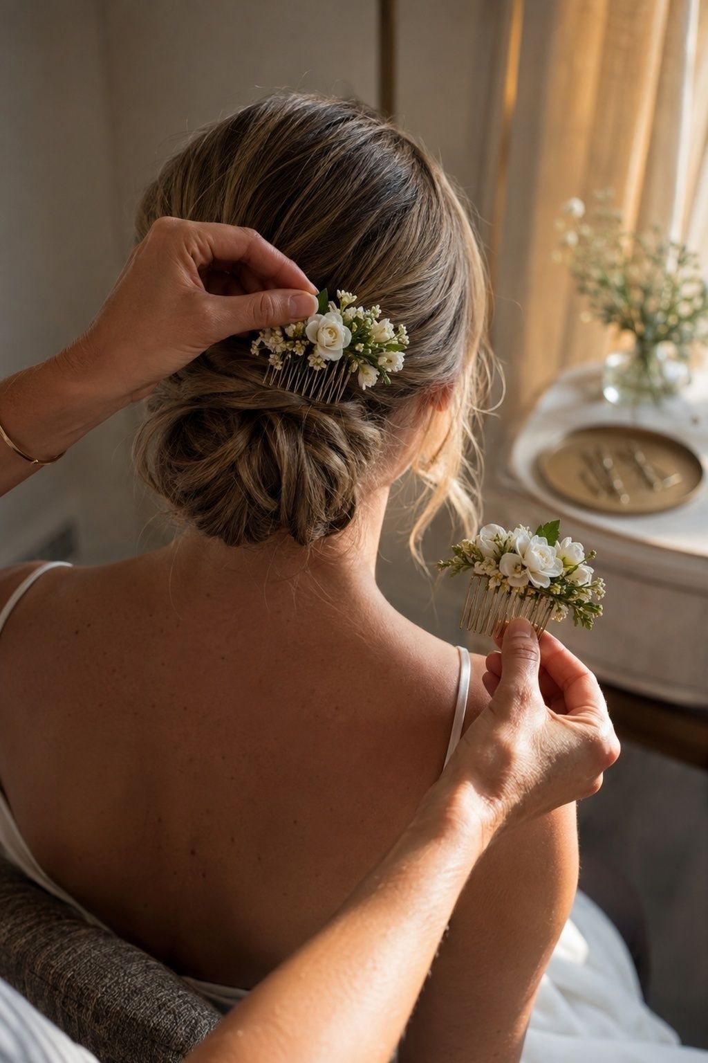 Stylist swapping a fresh floral comb for a matching faux comb at a bride's low bun