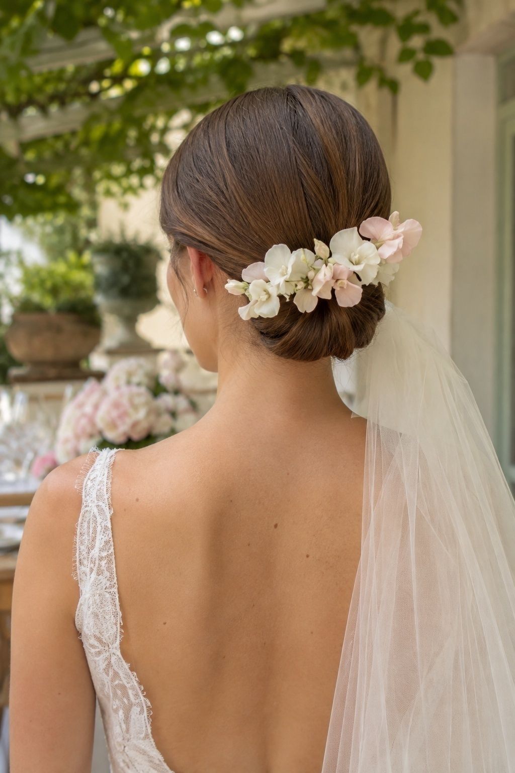 Matte ivory and blush silk flowers fitted around a bridal chignon above a clean lace dress and veil