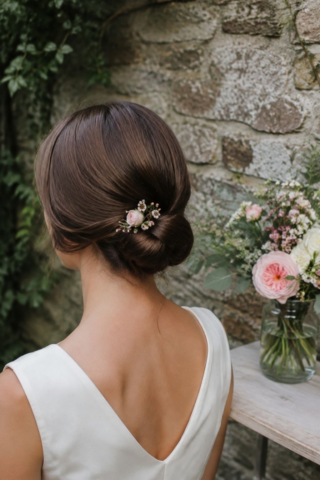 Tiny blush rose and waxflower in a low bridal bun beside a garden bouquet with the same colors