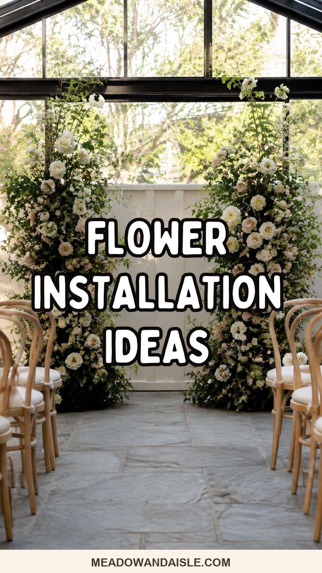Pinterest pin with the title Flower Installation Wedding Decor Ideas