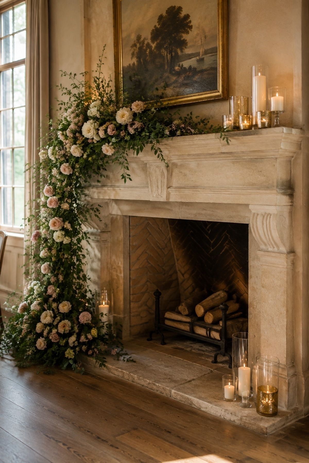Floral installation across a fireplace