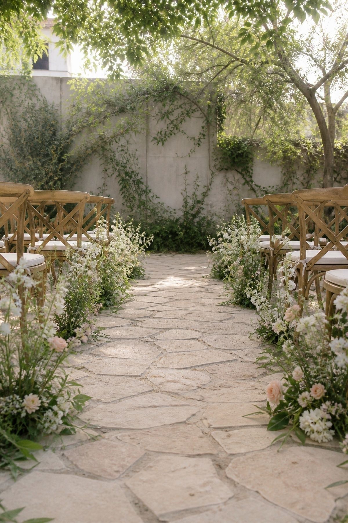 Low meadow-style flowers lining the aisle