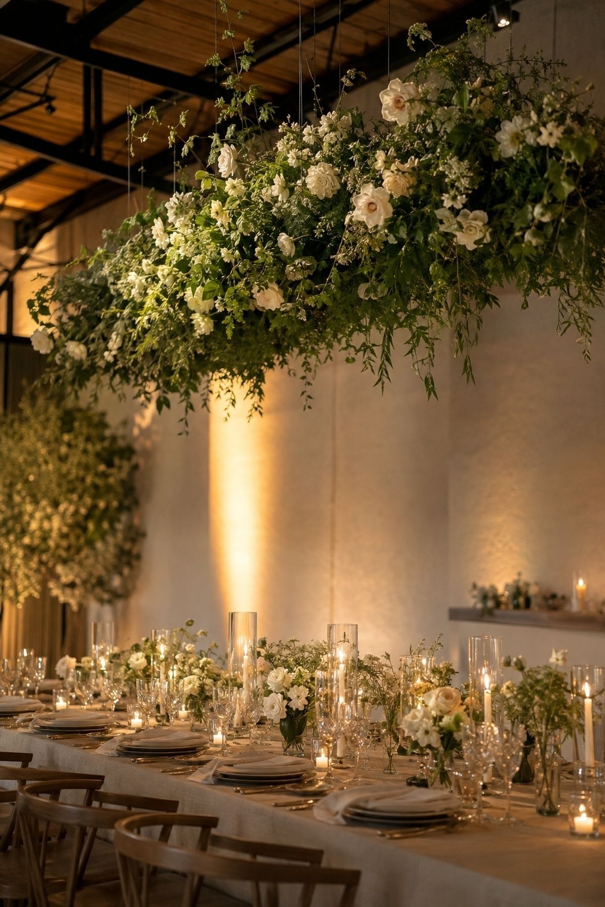 Hanging floral installation above one table