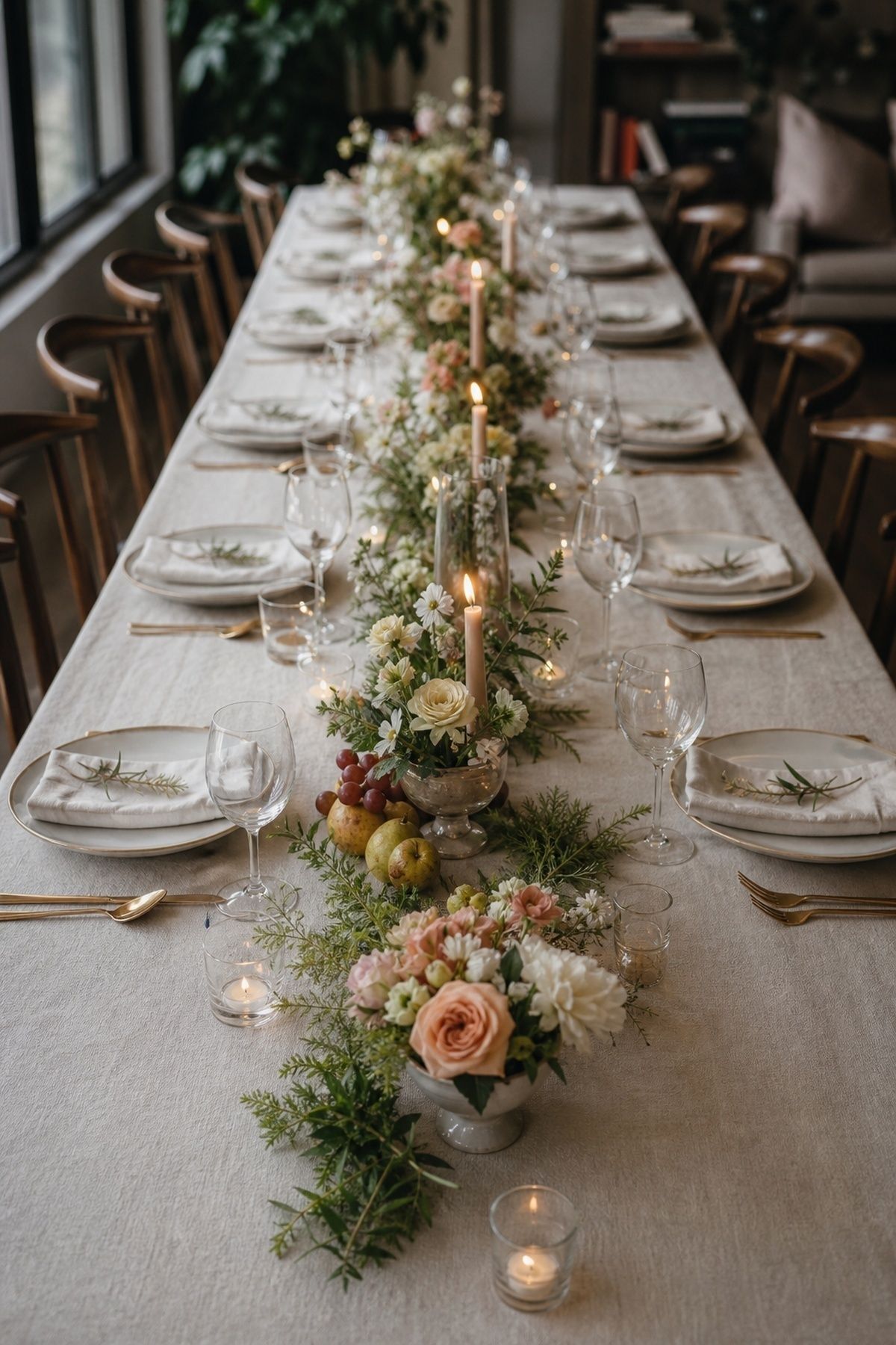 Floral runner along one long reception table