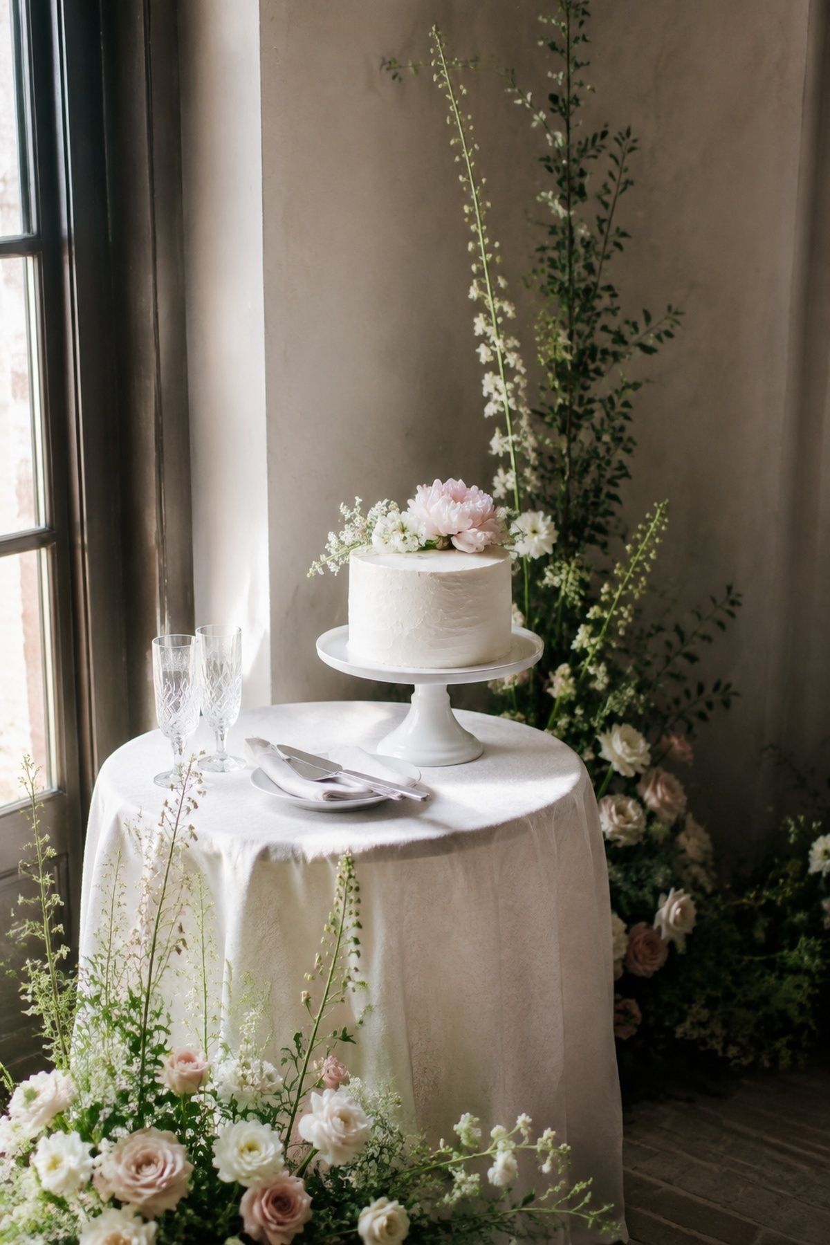 Flower installation at the cake table